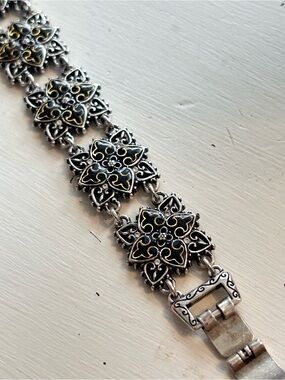 Vintage Brighton bracelet black enamel flower motifs, gold scroll/tiny crystals